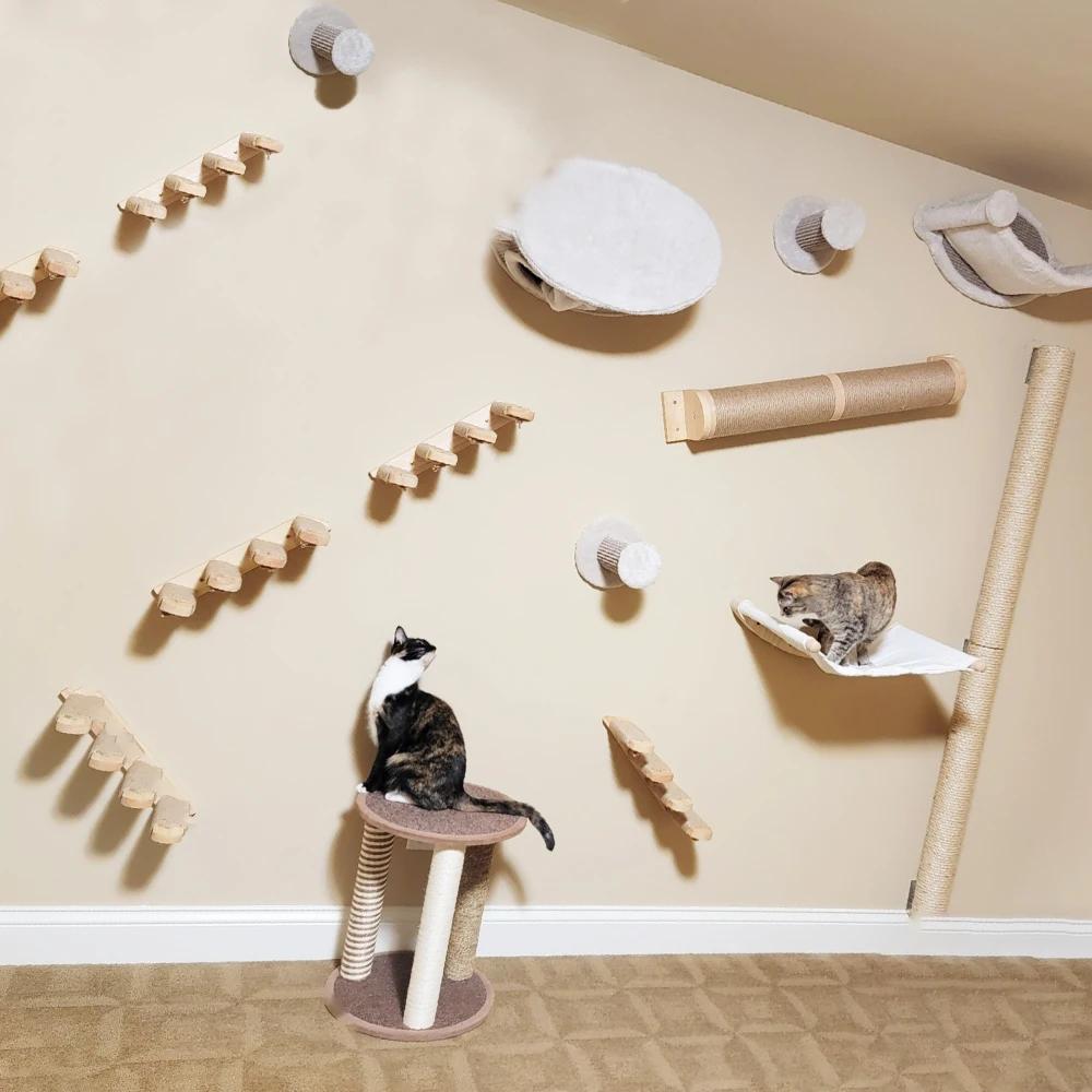 Wandmontiertes Möbelstück Katzen-Aktivitätszentrum Holz-Sisal-Kratzbaum Kletterer & Brücke mit Seiltreppen für Kätzchen und erwachsene Katzen