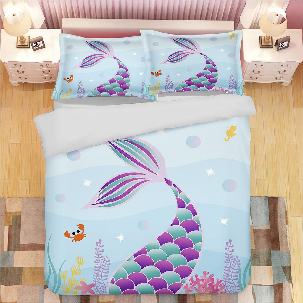 Mermaid Duvet Cover Cartoon Set Bedding, Cute Printed Cartoon Quilt Cover Comforter Sets Home Bedroom Decoration