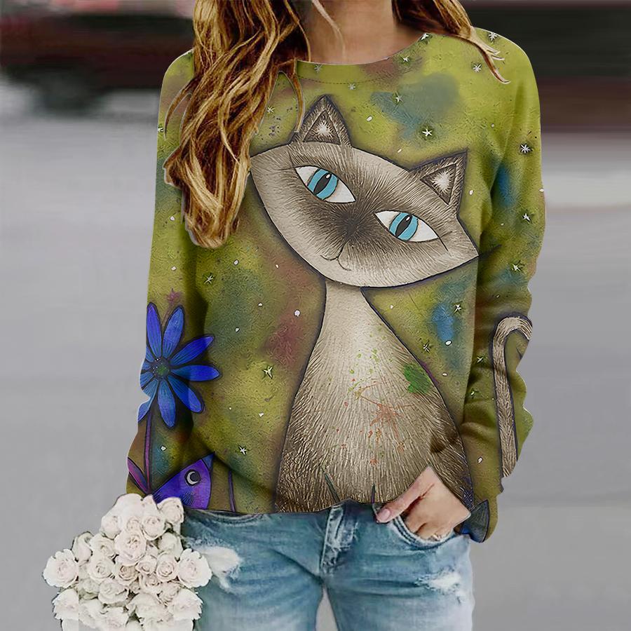 Women Cartoon Cat Tee Animal Printed Women Stylish Casual T-shirt Fall Winter Harajuku Long Sleeve Women Tops Shirts