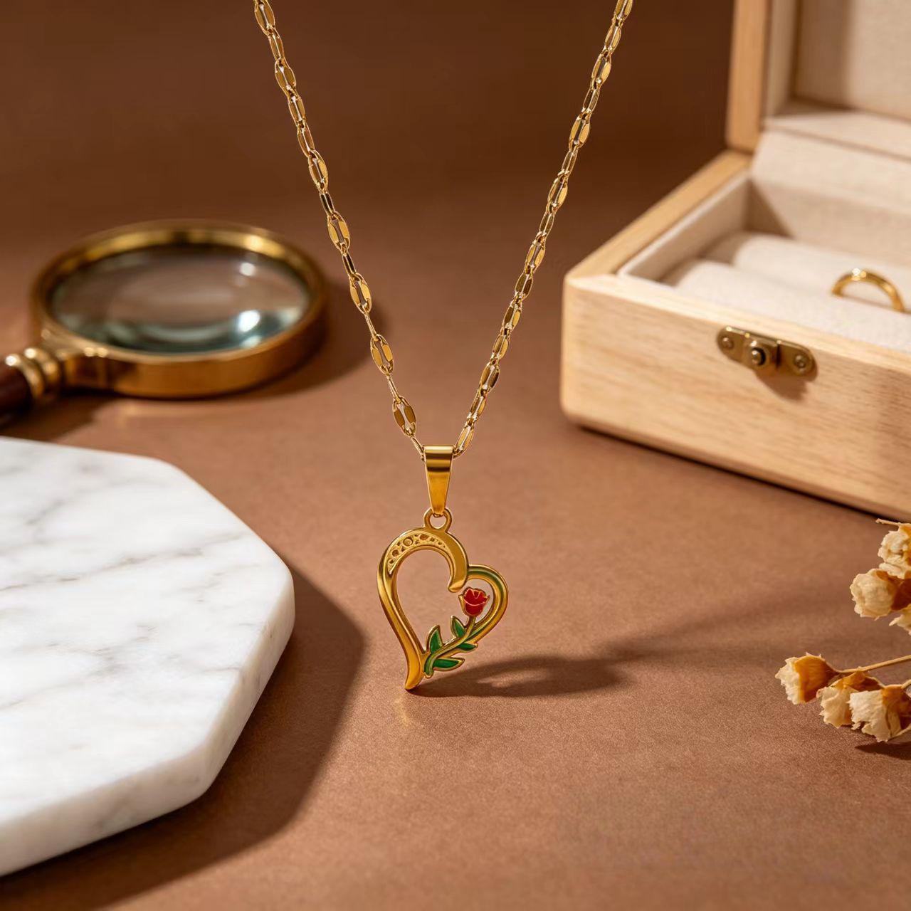18K Gold Textured Heart-Shaped Rose Oil Drop Clavicle Chain Earrings Set 18K Gold