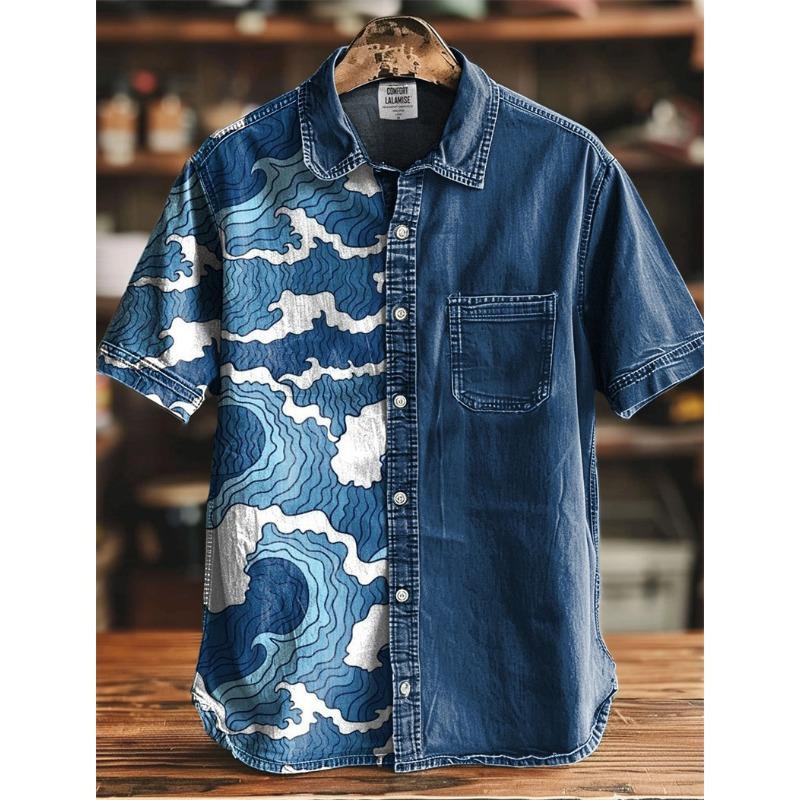 Men's Short Sleeve Shirt Vintage Ethnic Style Sunlight and Tree Illustration Art Wave Print Casual Linen Shirt,