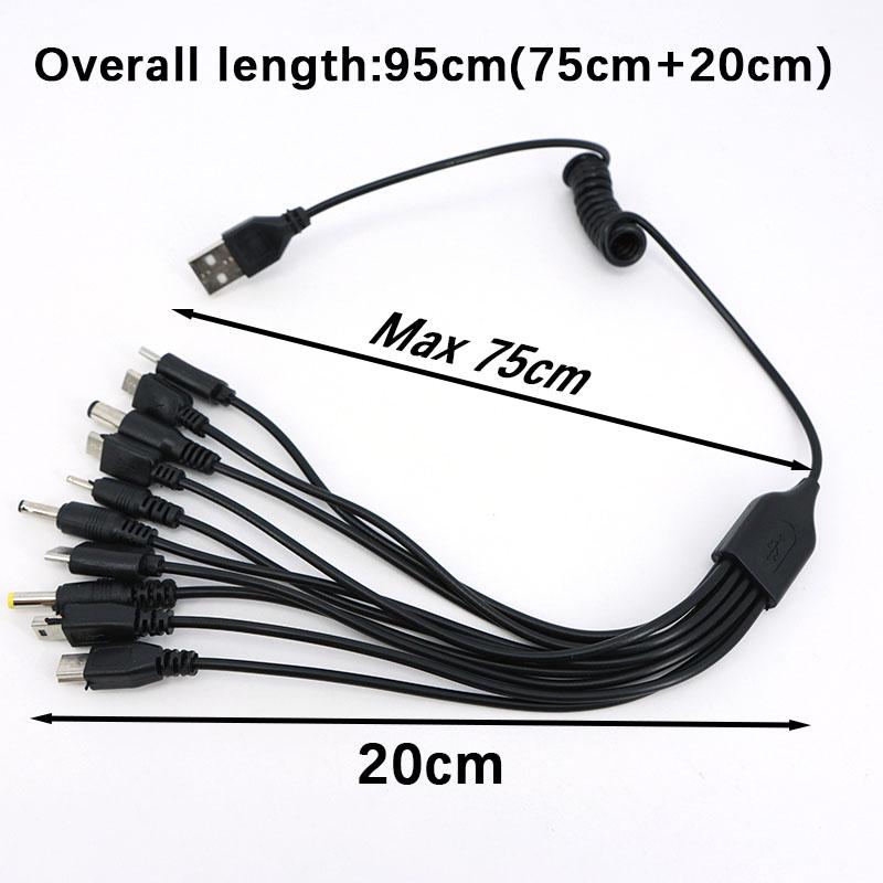 Universal 10 In 1 DC Micro USB Male Mobile Phone Spring Power 10pin Charger Adapter Plug Cable Charging Wire Cord for Phone Toys