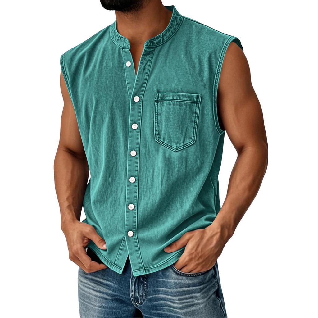 Men's Summer Fashion Distressed Denim Shirt. Men's Casual Sporty Sleeveless Button-down Vest.