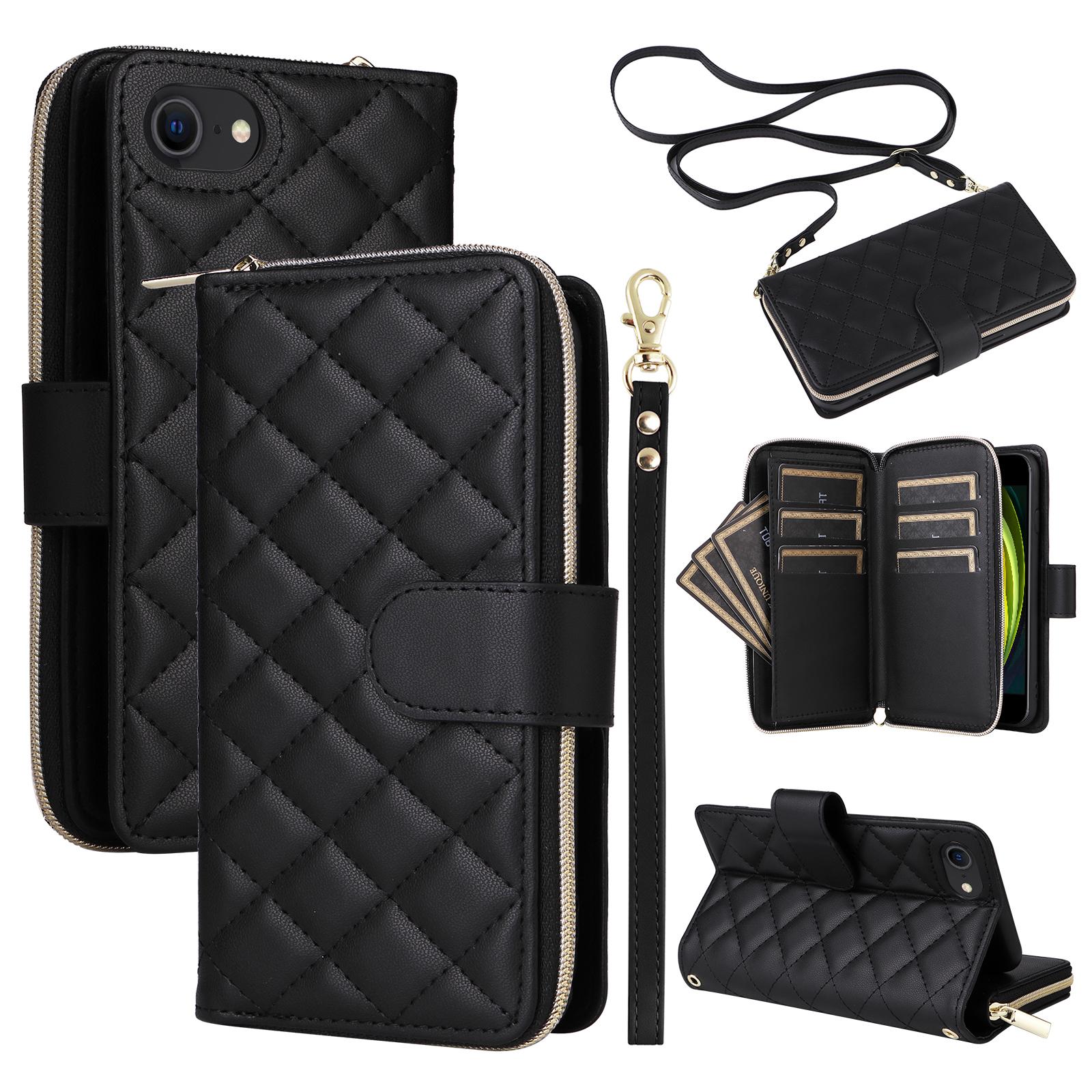 

For iPhone 6/6s/7/8/SE (2020)/SE (2022) Case Zipper Wallet PU Leather Phone Cover Black