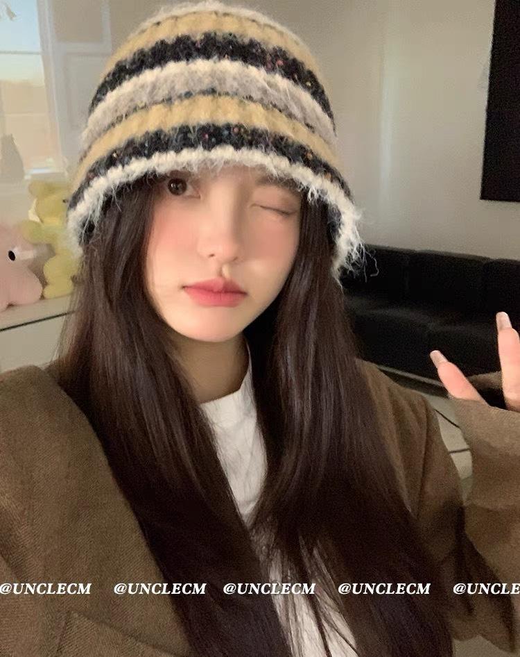 Autumn And Winter Color Matching Striped Handmade Knitted Hat Female Korean Version Showing Face Small Ear Protection Bucket Hat Versatile Warm