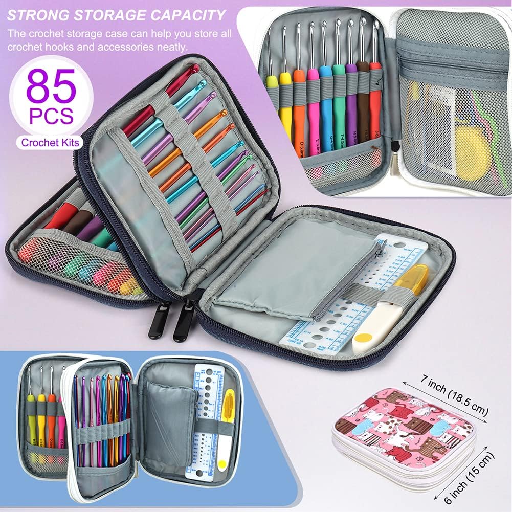 Crochet Hooks Kit with Case, 85-Piece Crochet Hooks Set, Ergonomic Crochet Hook Crochet Needles Weave Yarn Kits DIY Hand Knitting Art Tools for Beginn