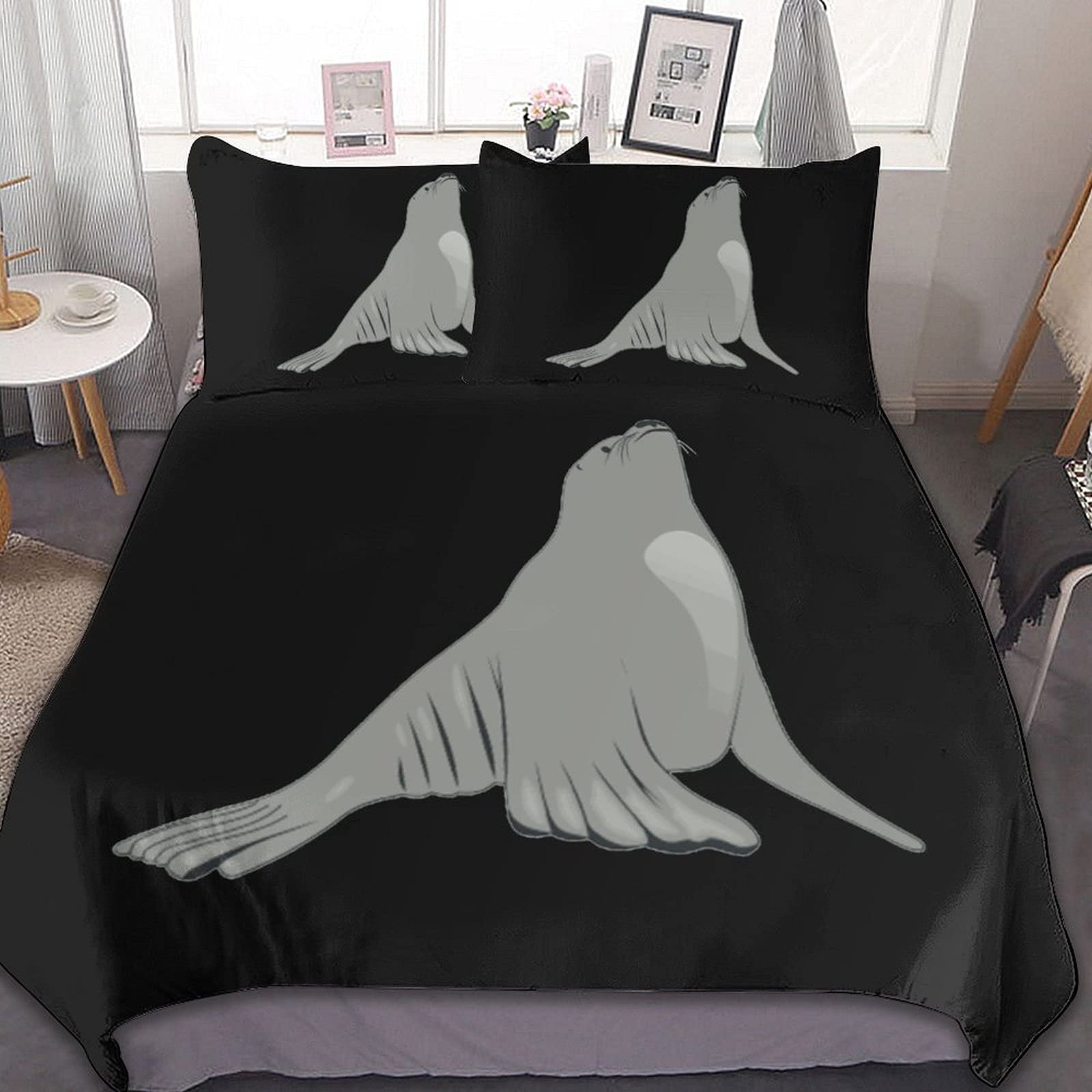 

3D Sea Lion Duvet Cover King/Queen Size,Cute Cartoon Sea Lion Sleeping Print Bedding Set for Kids Boys,ocean Animals Quilt Cover Eu Twin 135x200cm