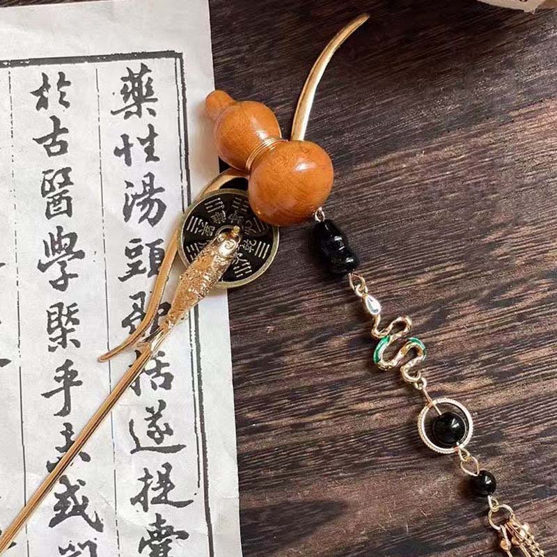 Chinese Style Hulu Hair Stick for Women Girls Vintage Snake Shape Long Tassel Hair Clip Fashion Hanfu Clothing Hair Accessories