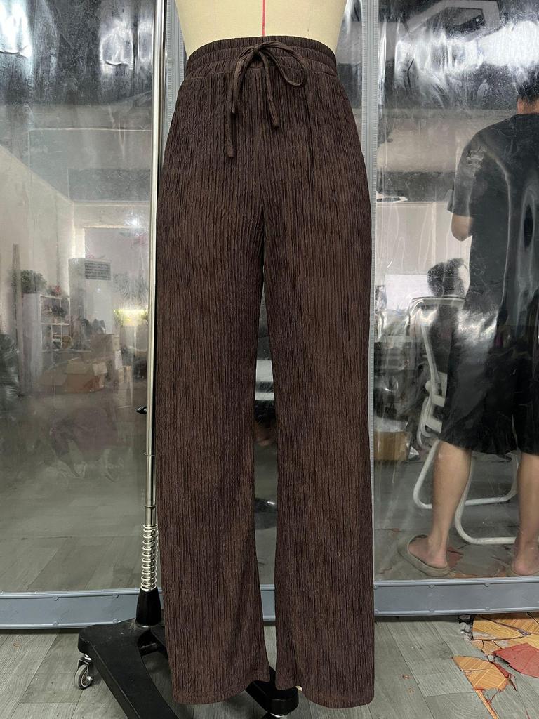 2026 Autumn/Winter Women's Solid Color Wide-Leg Pants: High Waist Drawstring with Elastic Waist for Casual Wear
