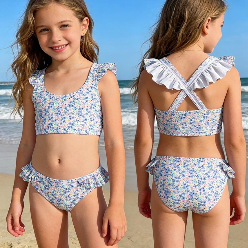 Girls Two Piece Swimsuit Set Floral Print Ruffle Trim Tankini Top and Bikini Bottom Swimwear for Kids Summer Beach Pool