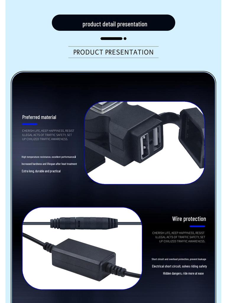 Slim Waist Dual-Port 12V USB Charger with Rearview Mirror & Handlebar Mount for Motorcycles