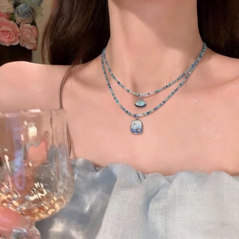Unique Beach Style Beaded Necklace Blue Shell Pendant Detail Clavicle Chain Adjustable Length Neckchain