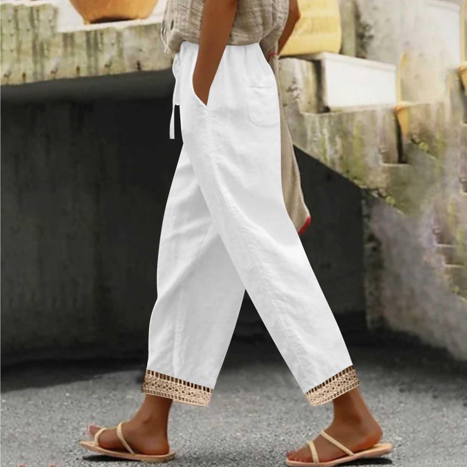 

Женские модные однотонные брюки кэжуал из хлопка и льна с карманами и кулиской, с кружевом S белый