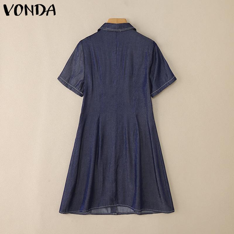 VONDA Women Elegant Short Sleeve Stitching Buttons Up Casual Mini Dress