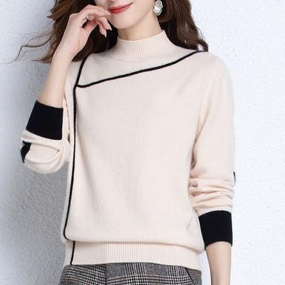 Women's Thickened Semi-turtleneck Sweater Knitwear Autumn Winter Pullover Color-block Knitwear Jumper Knit Tops