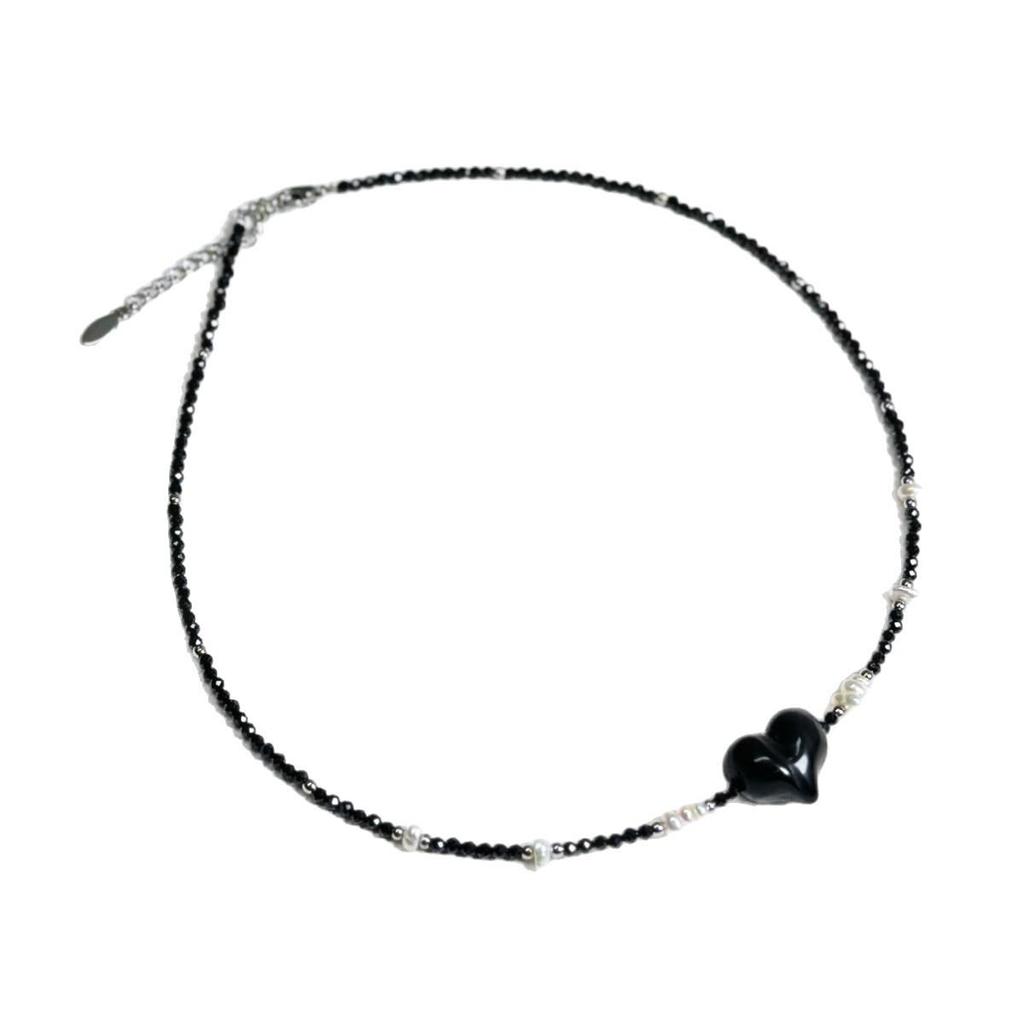 Silver Labradorite and Black Spinel Heart Necklace with Freshwater Pearl Beads