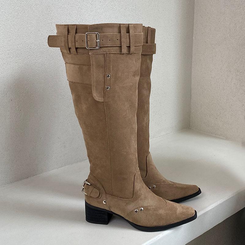 Móda Módní Špičaté Dámské Kozačky po Koleno Moderní Boty Obuv Dámská Čtvercové Podpatky Obuv Dámské Dlouhé Kozačky Boty Lodičky