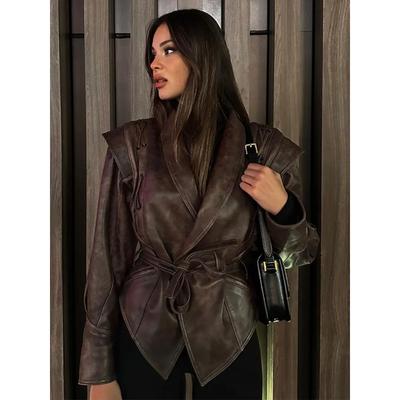 Pu Leather Lace-up Short Jacket for Women Fashion Lapel Long Sleeves Irregular Coat Ladies Office Commute Outwear