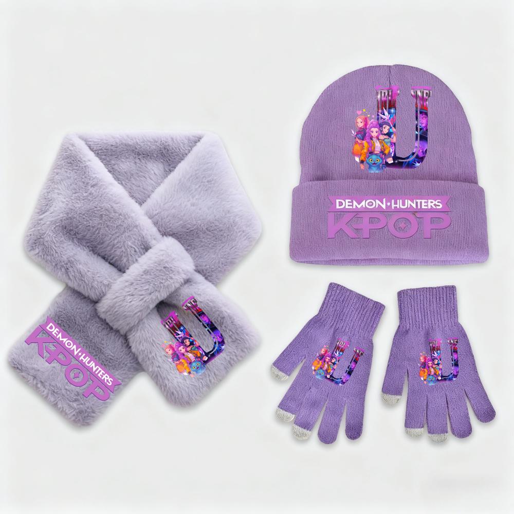 3Pcs KPop Demon Hunters Collection Fashion Kids' Clothing Designed for Girls - Warm Knit Hat Scarf Plus Gloves - Cold Season Casual Birth Date