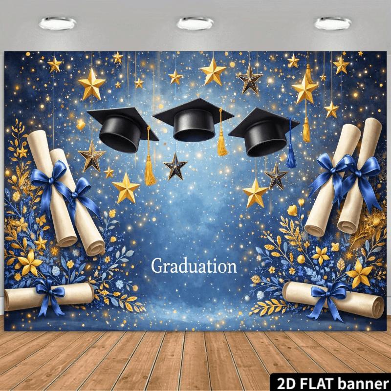 2D flat banner, 1 piece A 2D flat banner featuring a graduation celebration theme, with a blue starry sky background.