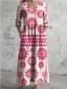 Ladies Light Gray Washed V-neck Seven-quarter Sleeve Long Dress Hem Flower Embroidery Loose Pleated Side Holiday Dress