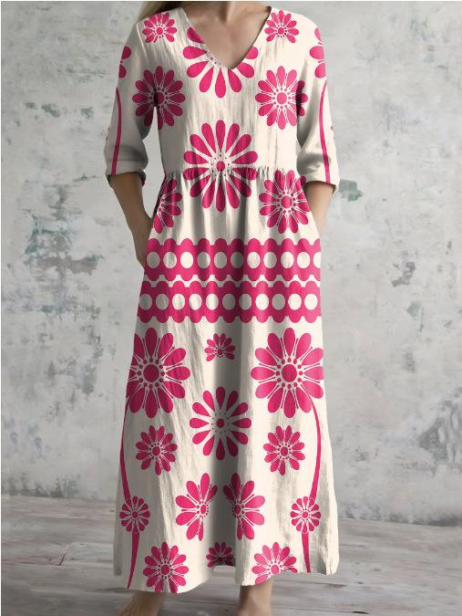 Ladies Light Gray Washed V-neck Seven-quarter Sleeve Long Dress Hem Flower Embroidery Loose Pleated Side Holiday Dress