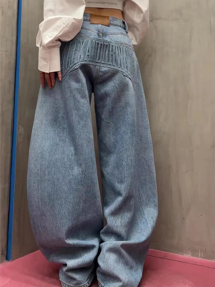 BeatStreet American Streetwear Women Denim Pants Y2k Autumn Loose Letter Indentation Wide Leg Jeans Punk Machete Trousers New
