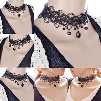 Collana girocollo retrò in pizzo nero gotico con ciondolo a forma di fiore