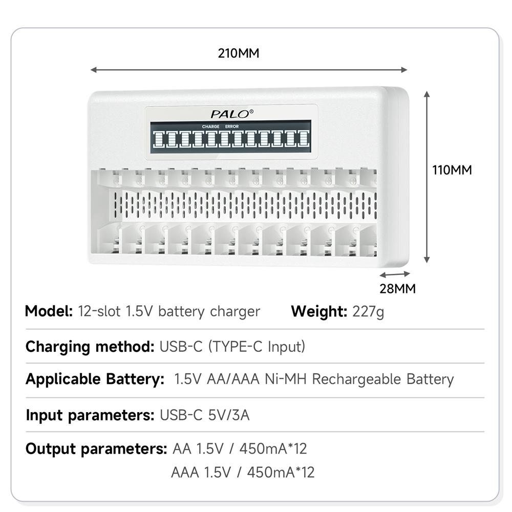 PALO Batería Recargable de Litio Li-ion 3400mWh 1.5V AA 900mWh 1.5V AAA Baterías de Litio AA AAA +Cargador de Baterías AA AAA de 12 Ranuras 1.5V