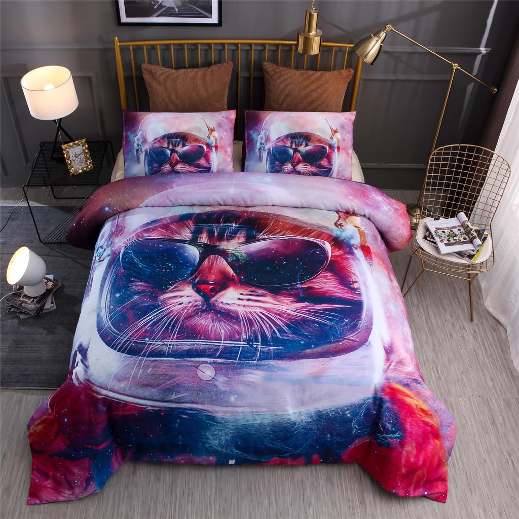 Deep Purple Galaxy Bedding Sets 3D Animals Glasses Cat Duvet Cover Sets Pilowcases Comforter Bedding Sets 228x228cm Quality 9D58
