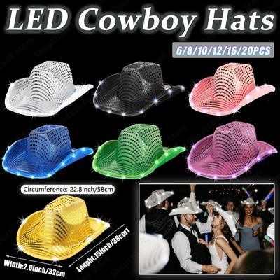 6-20Pcs Light Up Cowboy Hats for Wedding Sequins LED Cowboy Hats for Women Flashing Cowboy Hat Bulk Bachelorette Party Favors