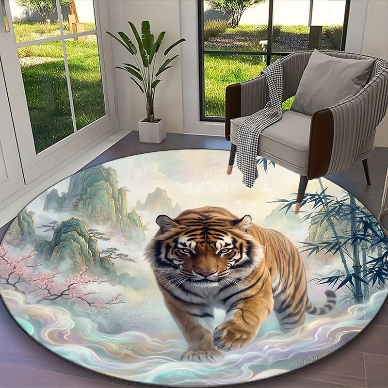 1pc Office Carpet, Stylish Tiger Chair Rug, Living Room Printed Round Rug, Home Chair Floor Mat