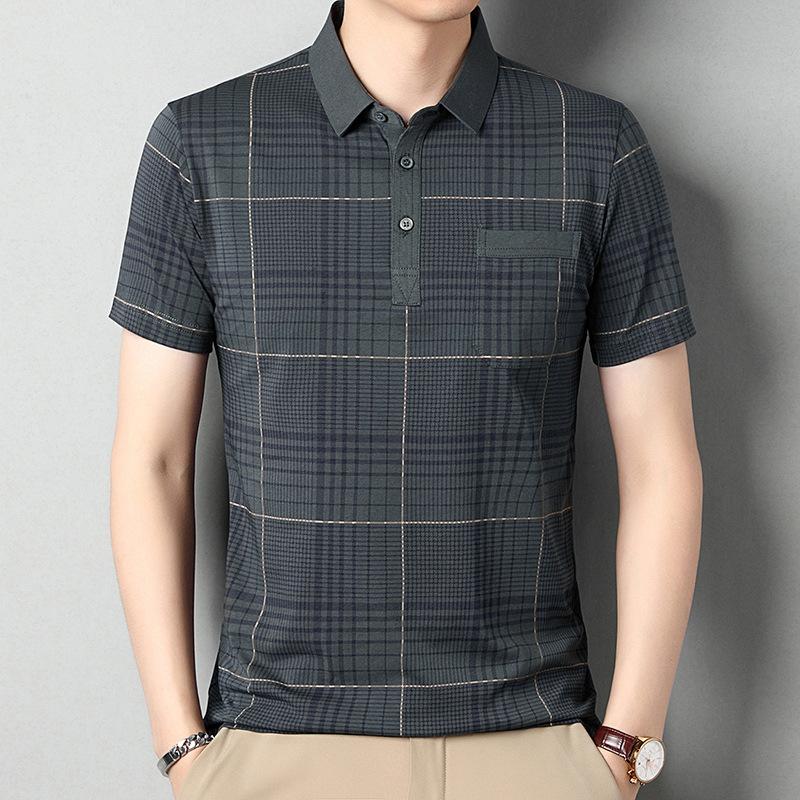Herren Revers Kurzarm T-Shirt Kariert Dünn Business Casual Poloshirt mit Tasche