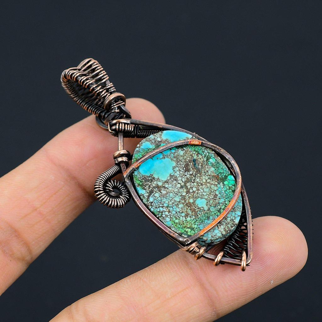 Tibetan Turquoise Gemstone Copper Wire Wrap Pendant Jewelry Gift For Love