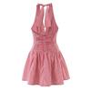 2026 Sweet Plaid Yarn-Dyed Halter V-Neck Mini Dress with Sexy Open Back