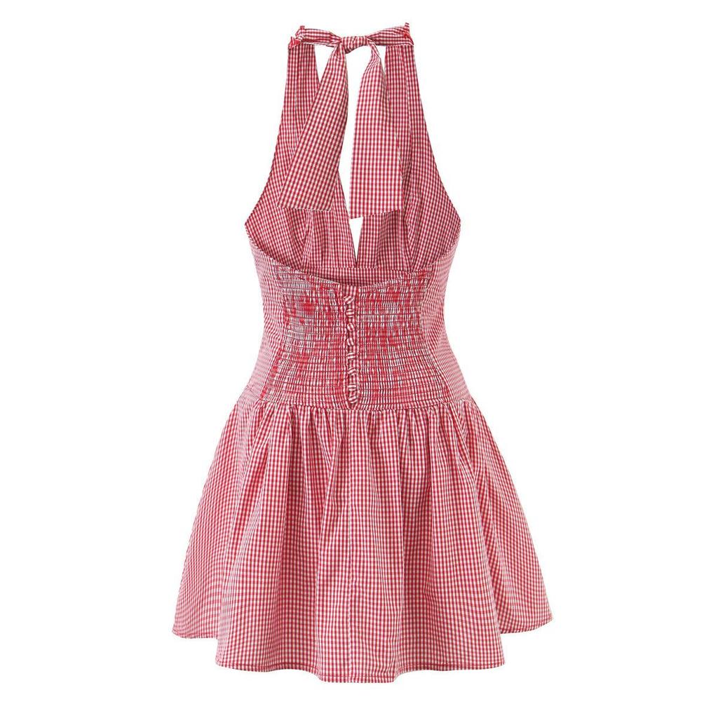 2026 Sweet Plaid Yarn-Dyed Halter V-Neck Mini Dress with Sexy Open Back