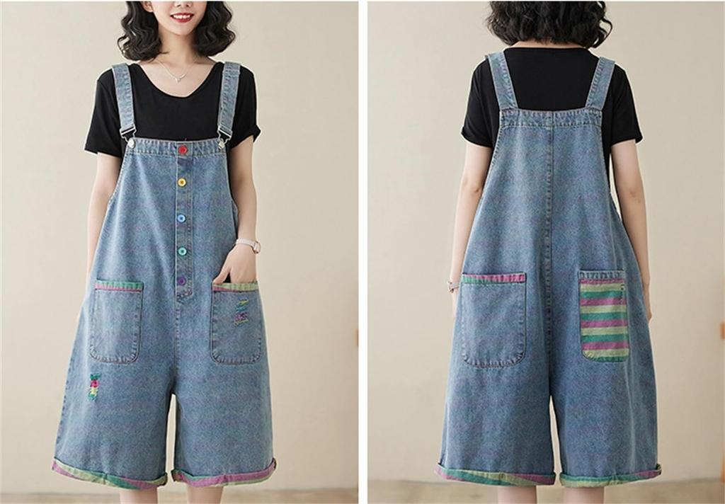 Denim Loose Solid Color Short Denim Wide Leg Summer with Pockets [Mohokyo] Women's Shorts, Fit, Overalls, Jeans, Pants, 5/8 Length, Pants, Casual,