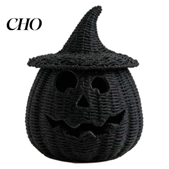 Lanterne LED pour l'Automne Panier Citrouille Tissé à la Main avec Couvercle Chapeau de Sorcière, Panier Osier Rustique Trick Black Tressé Accessoire d'Halloween ou Panier de Friandises Intérieur Extérieur