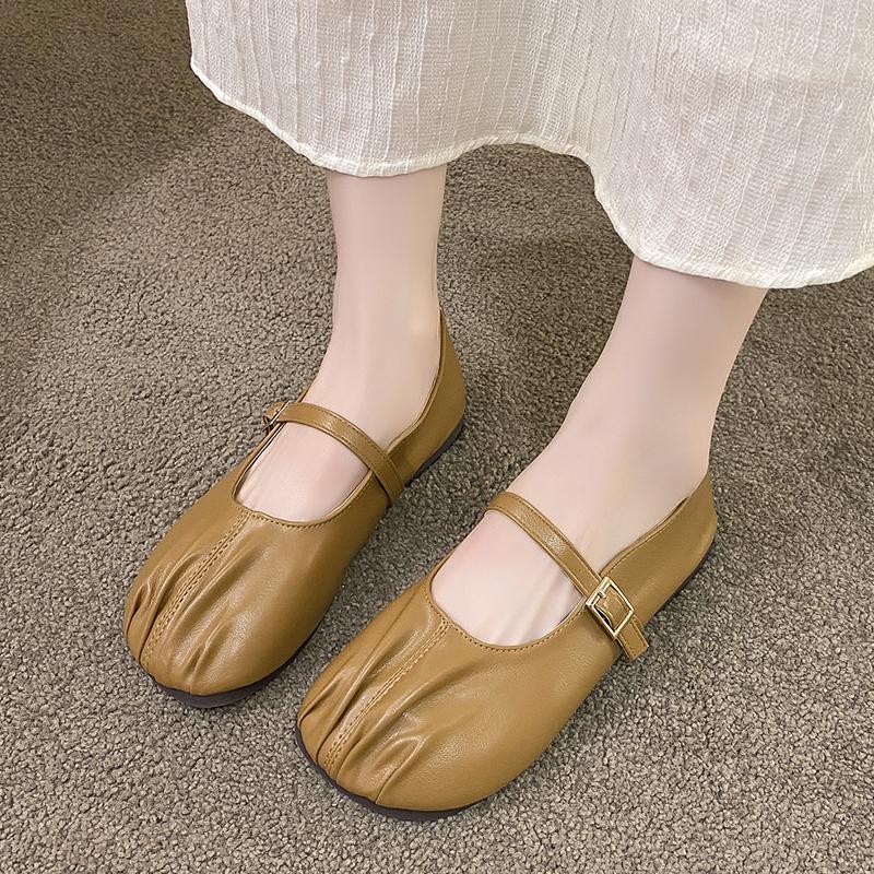 Spring New Flat Shoes for Women Round Head Shallow Mouth Fold Metal Buckle Line with Soft Sole Non-slip Single Shoes
