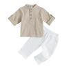 Conjunto de camisas Henley de algodão e linho para bebês meninos e meninas com botões e manga comprida, conjunto de calças casuais