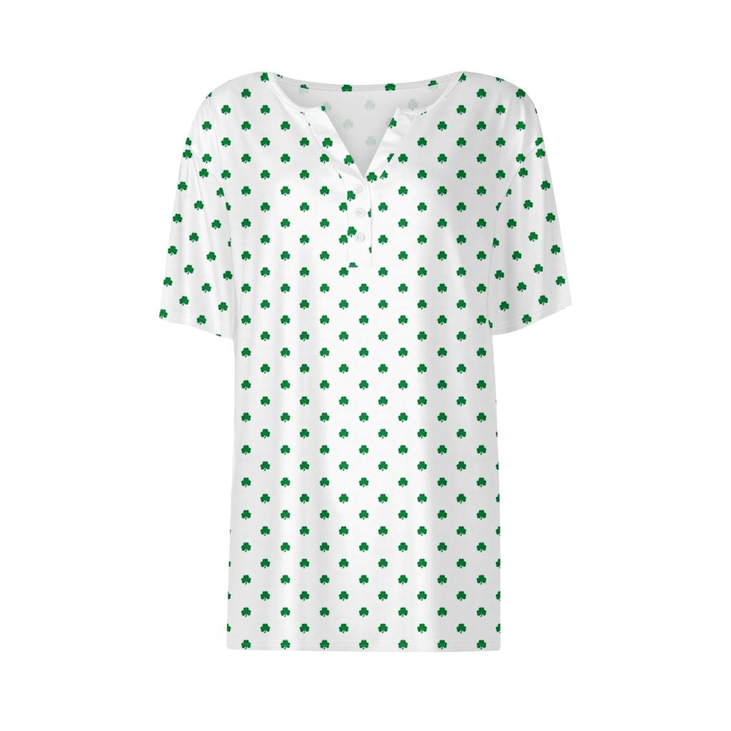 Women's Casual St. Patrick's Day Printed V-Neck Short Sleeve Decorative Button T-Shirt Top