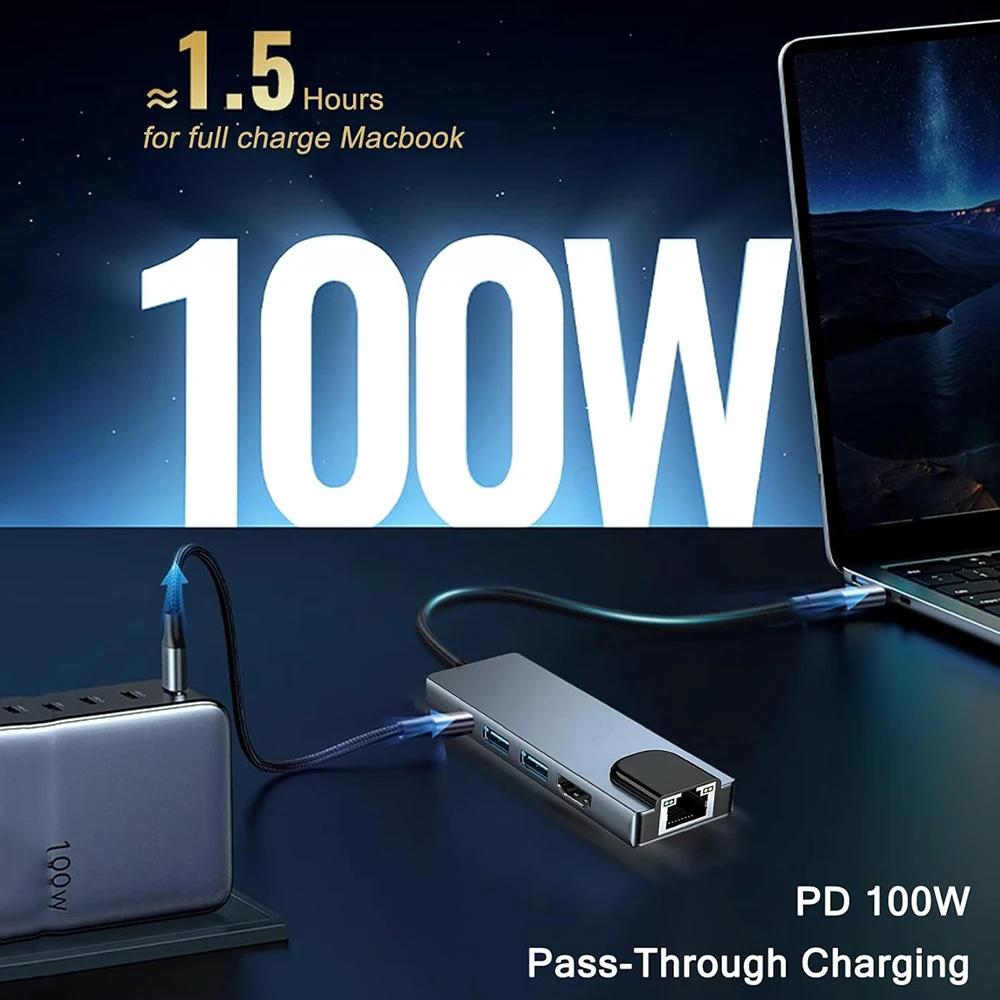 KEBIDUMEI 5-in-1 USB C Docking Station TYPE-C to HDMI/RJ45 Adapter USB C HUB USB 3.0 5Gbps High Speed USB Splitter For PC Laptop