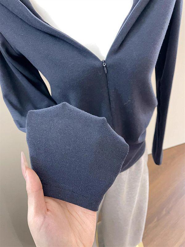 Women's Korean V-Neck Dark Blue Hooded Zip-Up Sweatshirt - Autumn, High-End, Waist-Cinching, Slimming, Trendy.