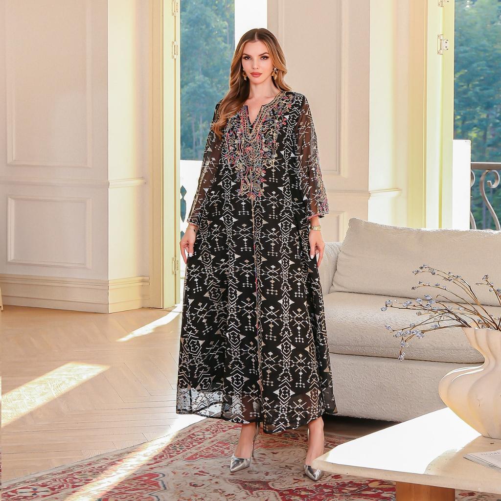 Women's Breathable Embroidered Long Dress, Cord Embroidery Casual Maxi Dress Factory Wholesale In Stock