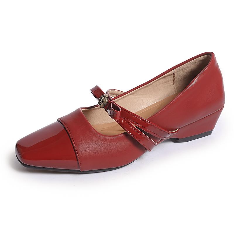 

Inside Heightened Single Shoes Women s Fashion Square Toe Spliced Metal Buckle Bow Soft Sole Non-Slip Low Heel Shoes 40 вина червоного кольору