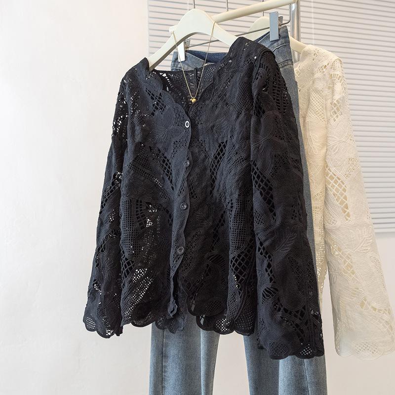 2025 Early Spring V-Neck Lace Embroidery Plus Size Knit Sweater XL чёрный