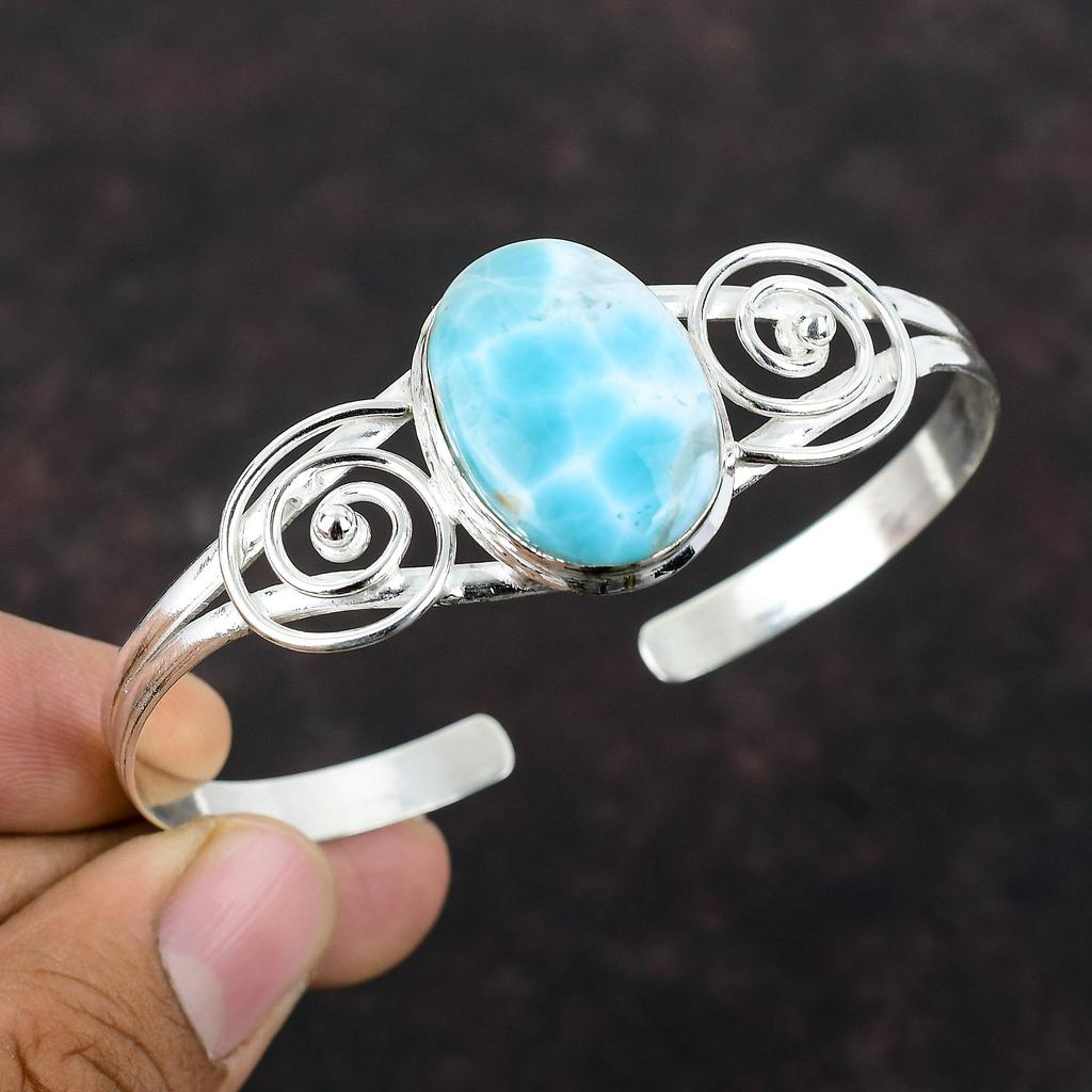 Larimar Cuff Bracelet 925 Sterling Silver Bangle Gemstone Jewelry Adjustable Bangle Handmade Cuff Bracelet Gift For Mother Elegant Jewelry