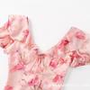 Pure French Retro Coffee Break Print Dress Women's Summer New Oblique Cut Thin Ruffle Edge V-neck Lace-up Dress