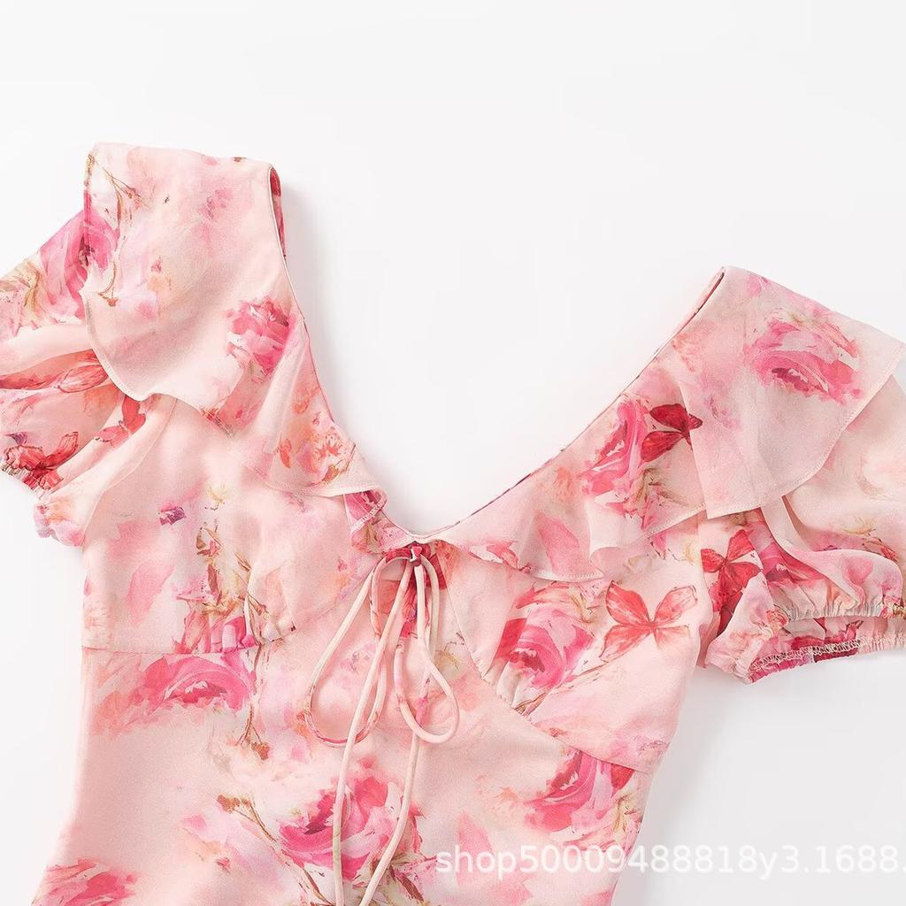 Pure French Retro Coffee Break Print Dress Women's Summer New Oblique Cut Thin Ruffle Edge V-neck Lace-up Dress