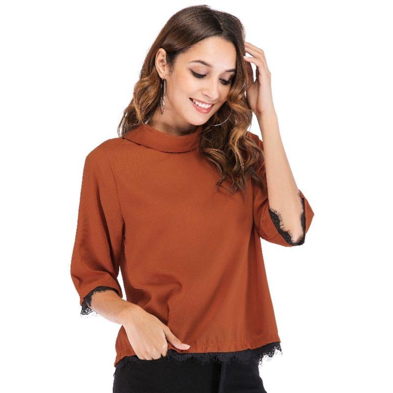 

Spring New Arrival Plus Size Women s Clothing Fashion Style Lace Lace Stylish Back Lapel Chiffon Shirt Slimming Middle Sleeve Shirt Light brown XL